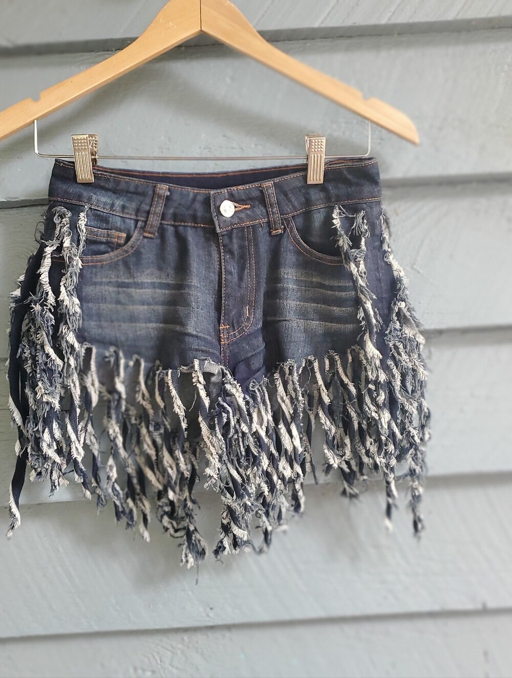Fringed Dark Blue Denim Shorts